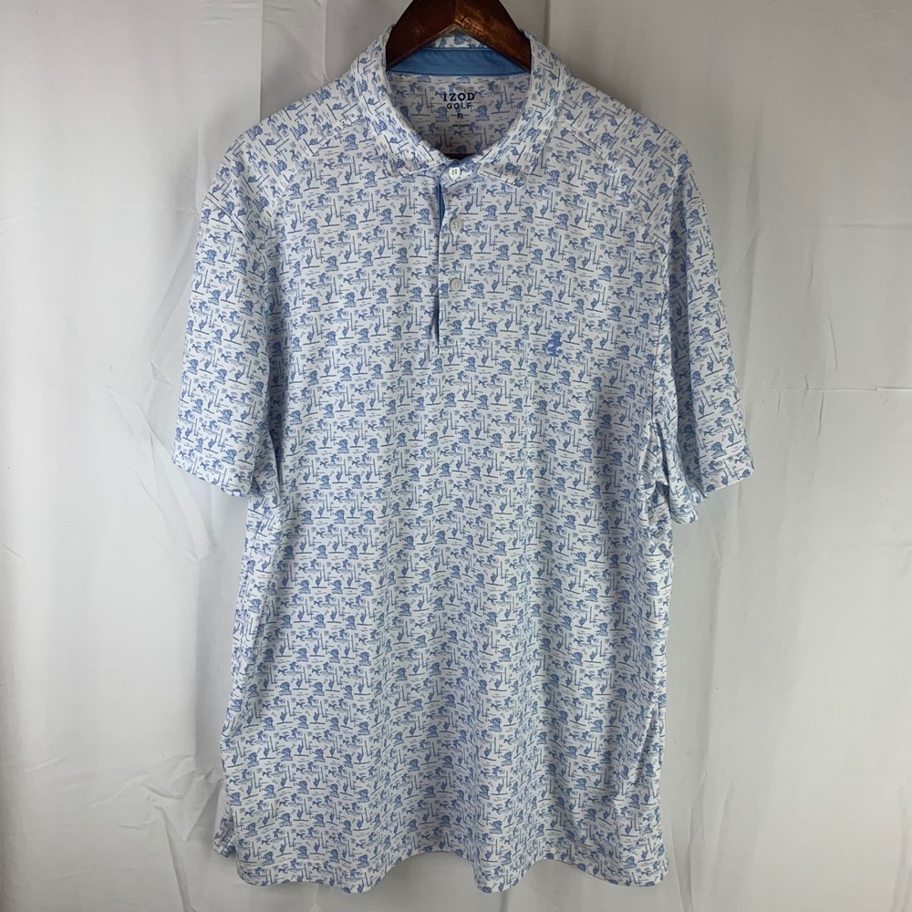 IZOD Golf Polo Shirt Mens XL White Blue Novelty Print Stretch Short Sleeve